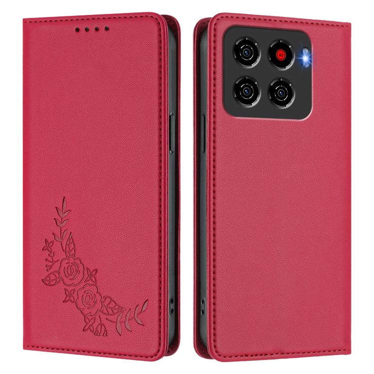 For ZTE Blade A56 4G Peony Embossed Magnetic RFID Vegan Leather Phone Case