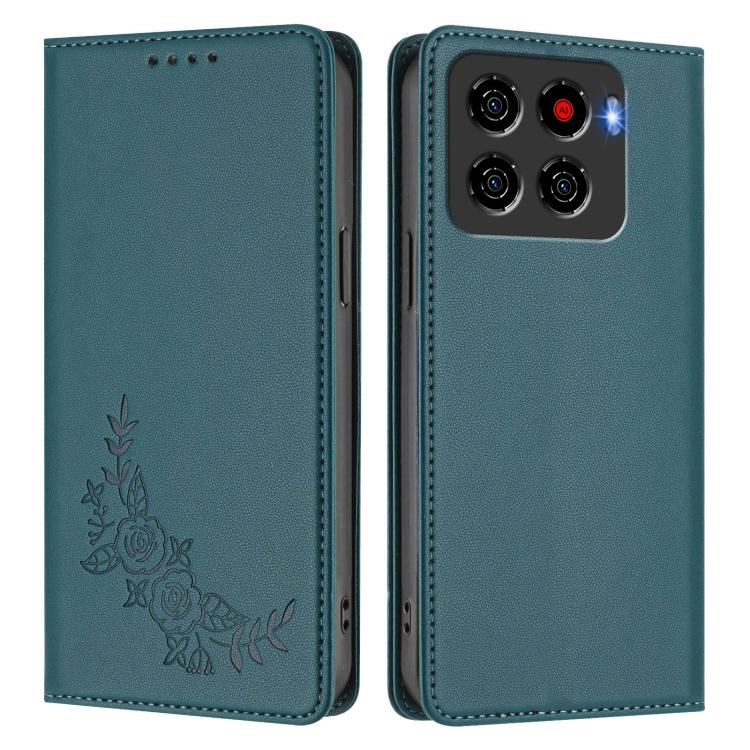 For ZTE Blade A56 4G Peony Embossed Magnetic RFID Vegan Leather Phone Case