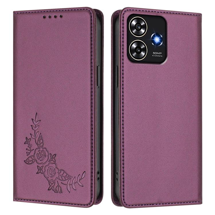 For ZTE Blade A73 4G Peony Embossed Magnetic RFID Vegan Leather Phone Case