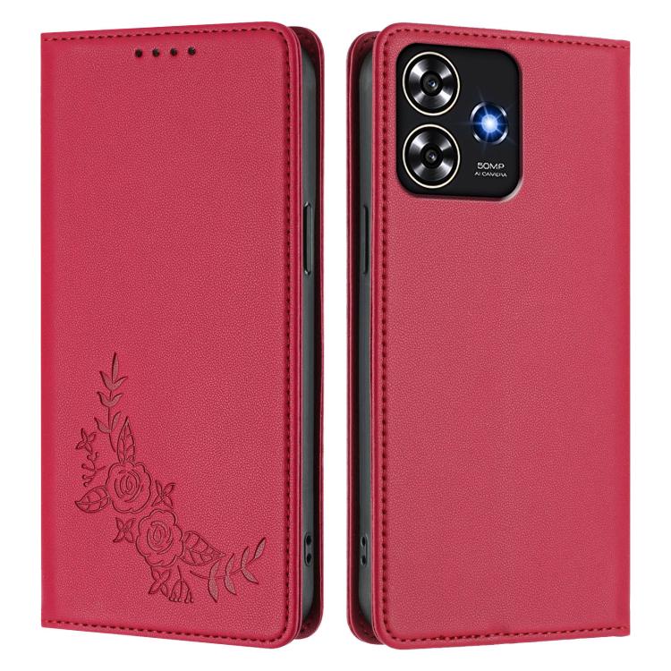 For ZTE Blade A73 4G Peony Embossed Magnetic RFID Vegan Leather Phone Case