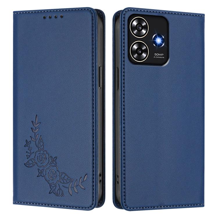 For ZTE Blade A73 4G Peony Embossed Magnetic RFID Vegan Leather Phone Case