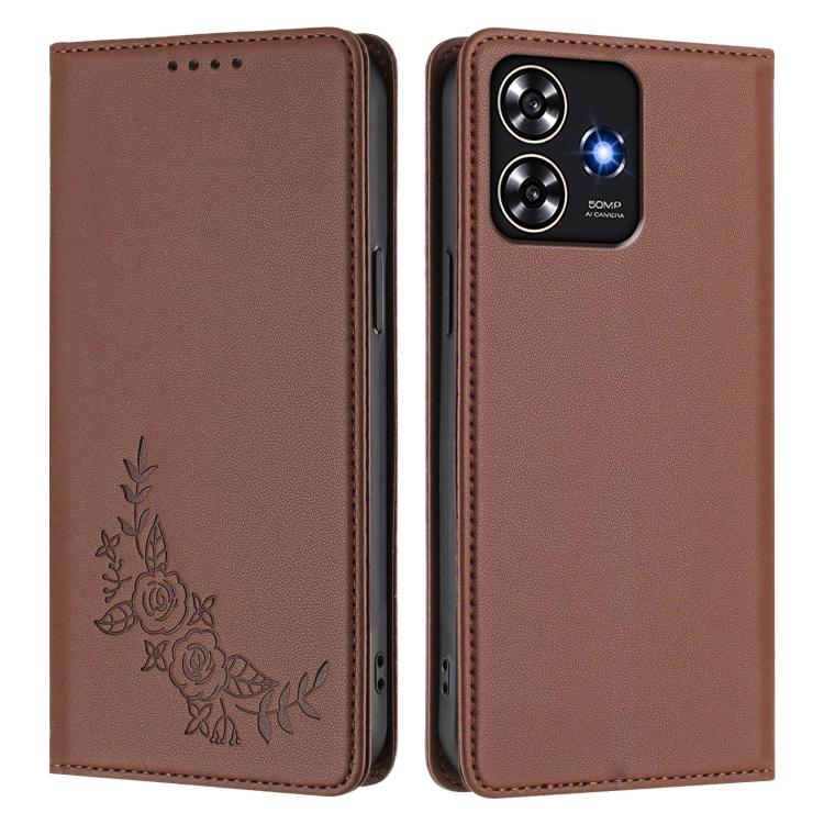 For ZTE Blade A73 4G Peony Embossed Magnetic RFID Vegan Leather Phone Case