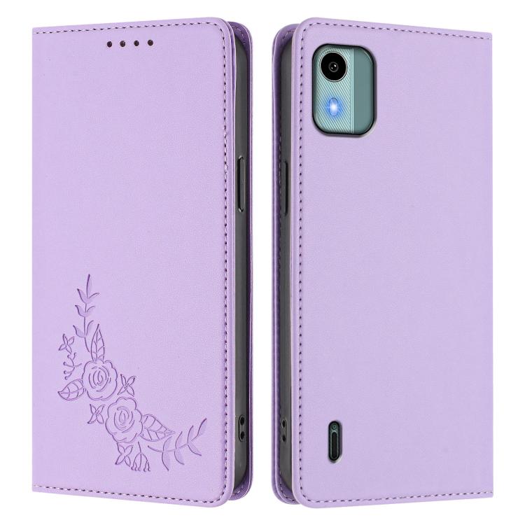 For Nokia C12 Peony Embossed Magnetic RFID Vegan Leather Phone Case