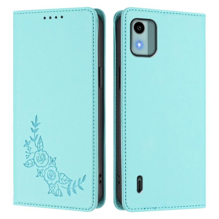 For Nokia C12 Peony Embossed Magnetic RFID Vegan Leather Phone Case