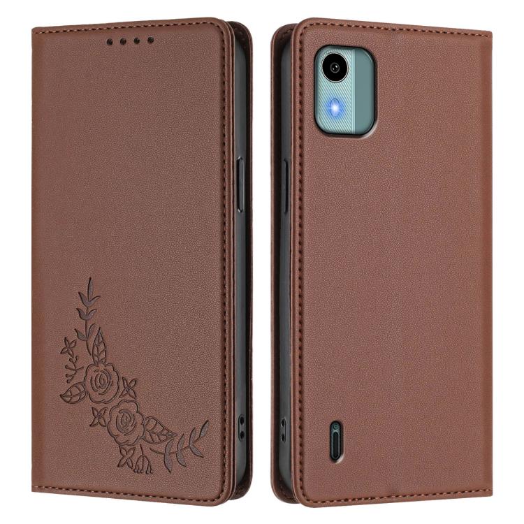 For Nokia C12 Peony Embossed Magnetic RFID Vegan Leather Phone Case