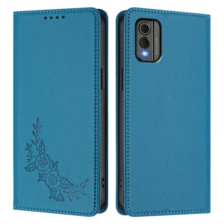 For Nokia C32 Peony Embossed Magnetic RFID Vegan Leather Phone Case