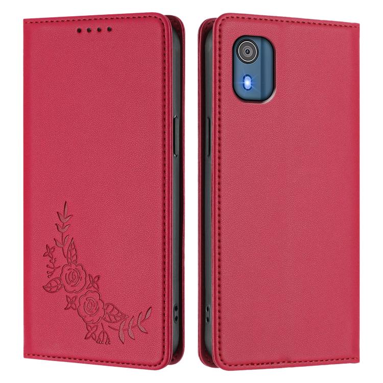 For Nokia C02 Peony Embossed Magnetic RFID Vegan Leather Phone Case