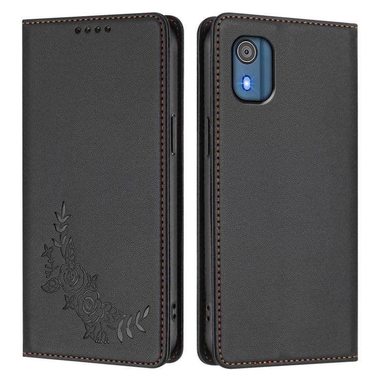 For Nokia C02 Peony Embossed Magnetic RFID Vegan Leather Phone Case