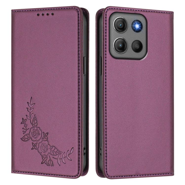 For Motorola Moto G17 4G / G17 Power 4G Peony Embossed Magnetic RFID Vegan Leather Phone Case