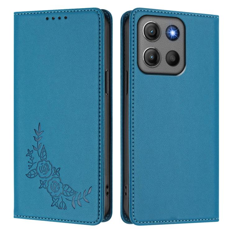 For Motorola Moto G17 4G / G17 Power 4G Peony Embossed Magnetic RFID Vegan Leather Phone Case