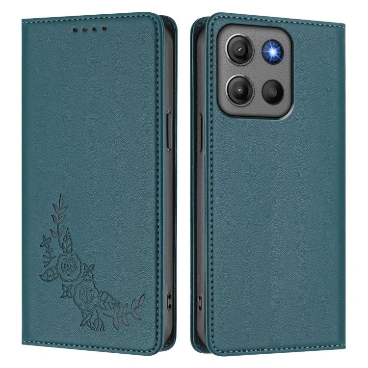 For Motorola Moto G17 4G / G17 Power 4G Peony Embossed Magnetic RFID Vegan Leather Phone Case