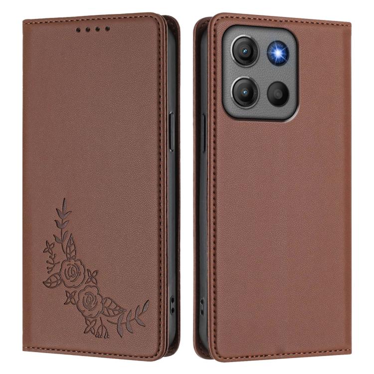 For Motorola Moto G17 4G / G17 Power 4G Peony Embossed Magnetic RFID Vegan Leather Phone Case