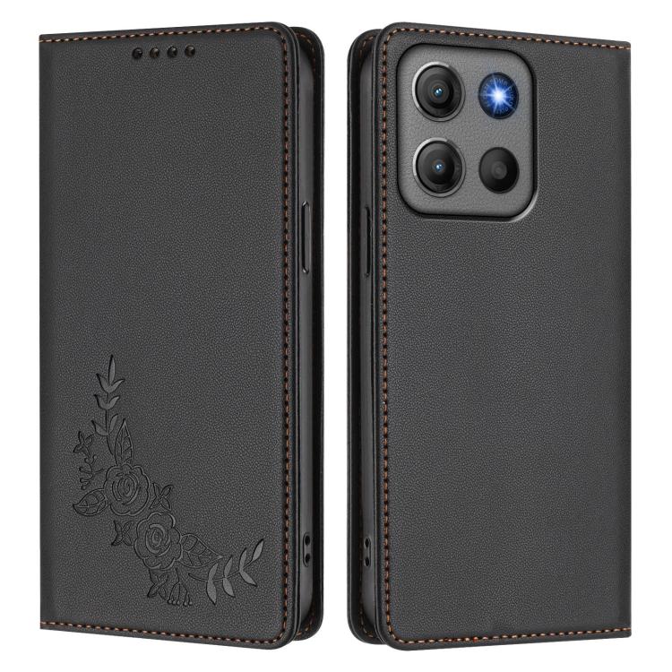 For Motorola Moto G17 4G / G17 Power 4G Peony Embossed Magnetic RFID Vegan Leather Phone Case