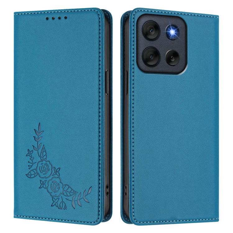 For Motorola Moto G56 5G / G66J Peony Embossed Magnetic RFID Vegan Leather Phone Case