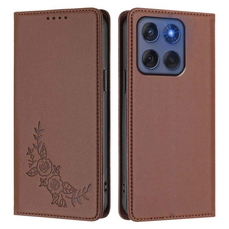 For Motorola Edge 60 Fusion Peony Embossed Magnetic RFID Vegan Leather Phone Case