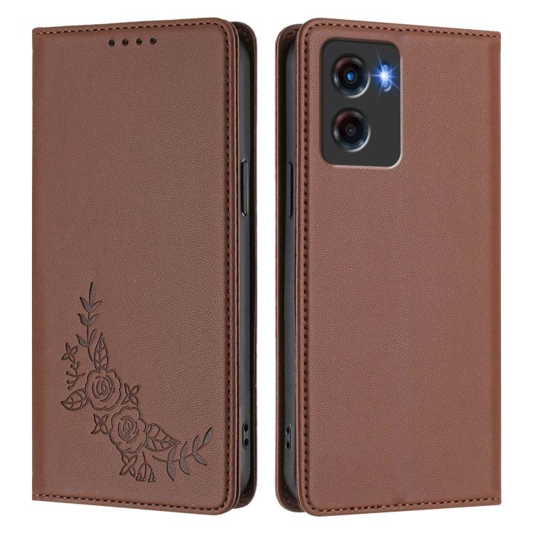 For Motorola Moto G05 / E15 Peony Embossed Magnetic RFID Vegan Leather Phone Case
