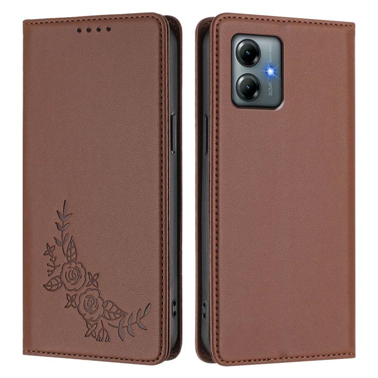 For Motorola Moto G Play 2025 Peony Embossed Magnetic RFID Vegan Leather Phone Case