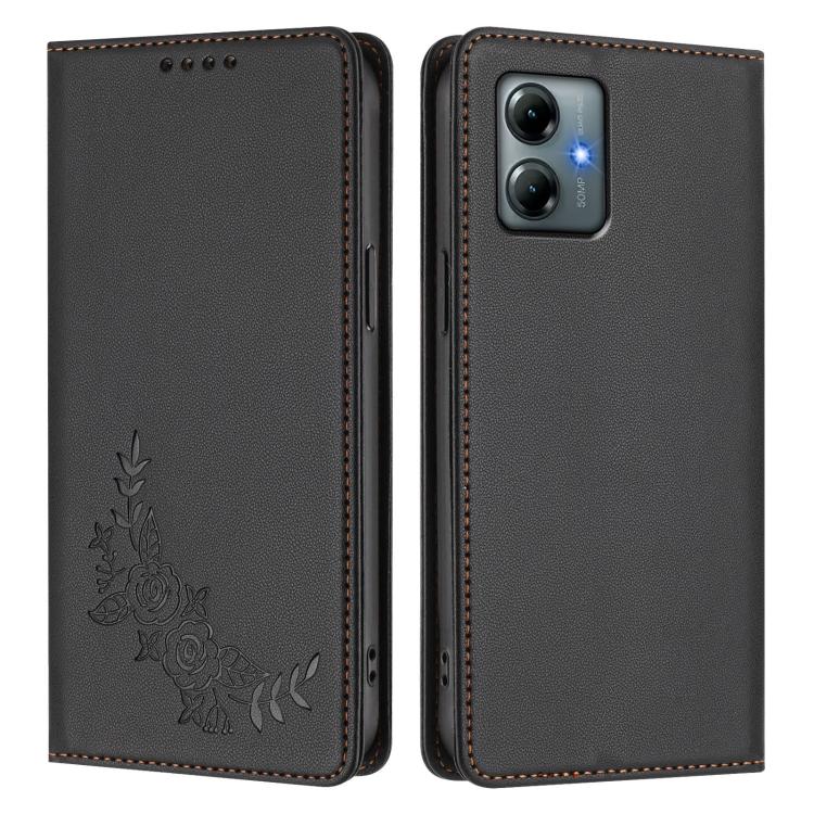 For Motorola Moto G Play 2025 Peony Embossed Magnetic RFID Vegan Leather Phone Case