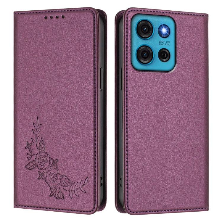 For Motorola Moto G75 5G Peony Embossed Magnetic RFID Vegan Leather Phone Case