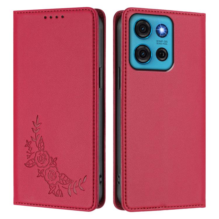 For Motorola Moto G75 5G Peony Embossed Magnetic RFID Vegan Leather Phone Case