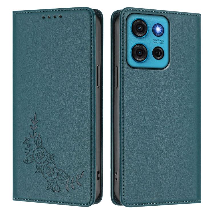 For Motorola Moto G75 5G Peony Embossed Magnetic RFID Vegan Leather Phone Case