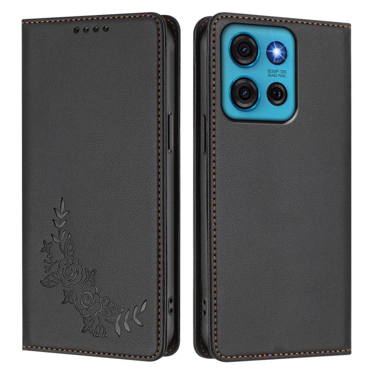 For Motorola Moto G75 5G Peony Embossed Magnetic RFID Vegan Leather Phone Case