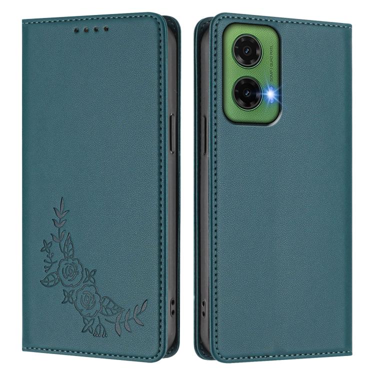 For Motorola Moto G35 5G Peony Embossed Magnetic RFID Vegan Leather Phone Case