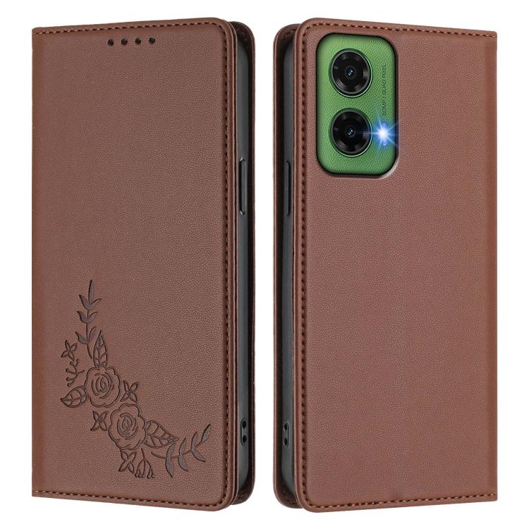 For Motorola Moto G35 5G Peony Embossed Magnetic RFID Vegan Leather Phone Case