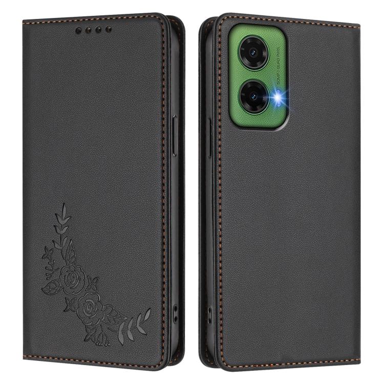 For Motorola Moto G35 5G Peony Embossed Magnetic RFID Vegan Leather Phone Case