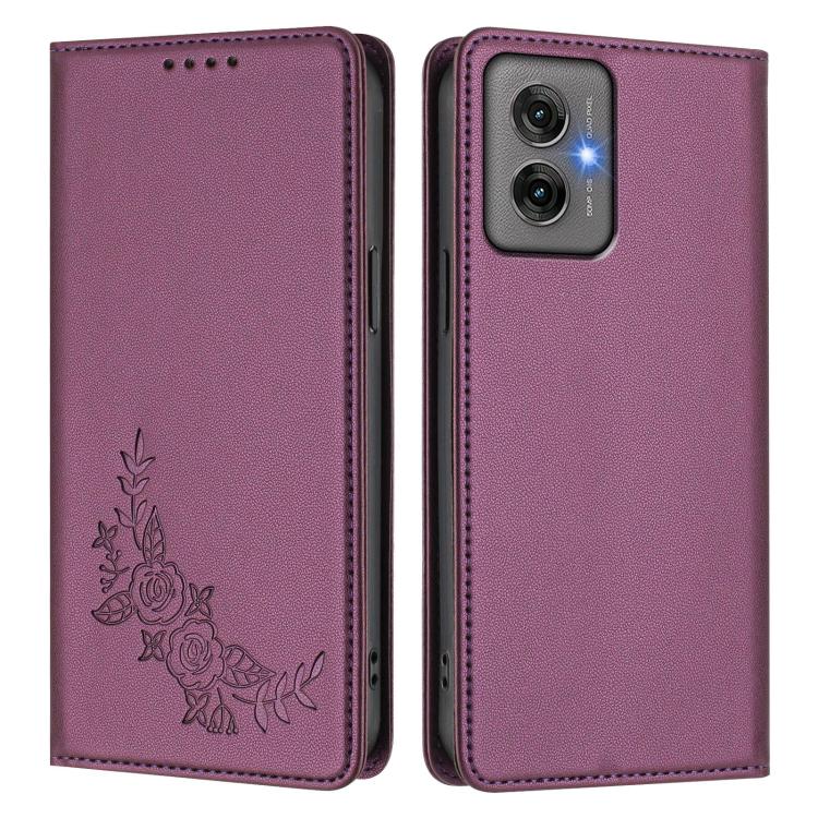 For Motorola Moto G55 5G Peony Embossed Magnetic RFID Vegan Leather Phone Case