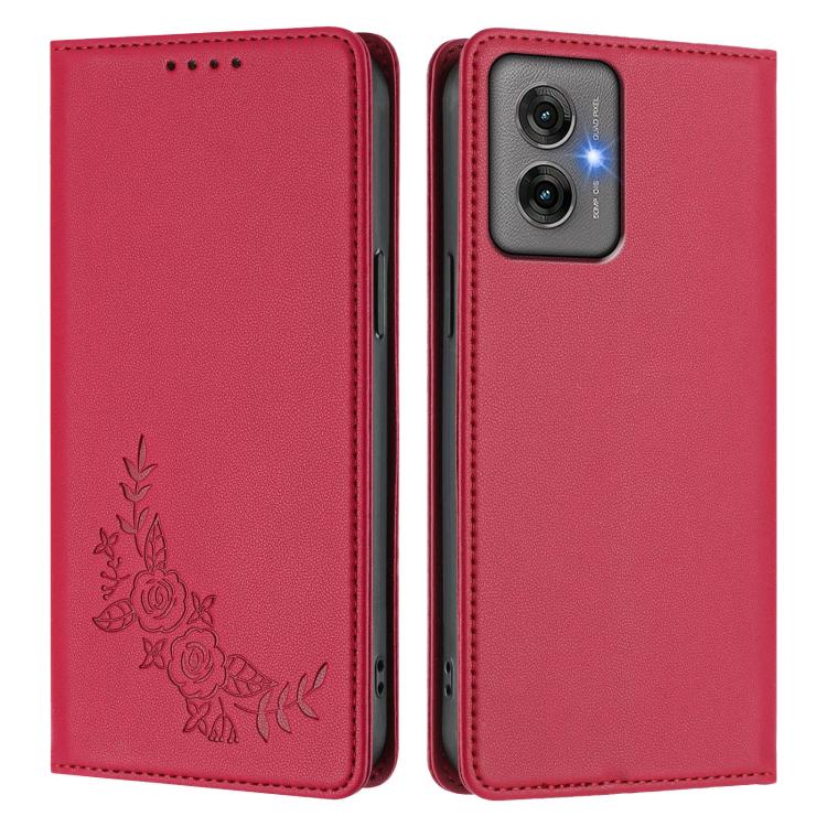 For Motorola Moto G55 5G Peony Embossed Magnetic RFID Vegan Leather Phone Case