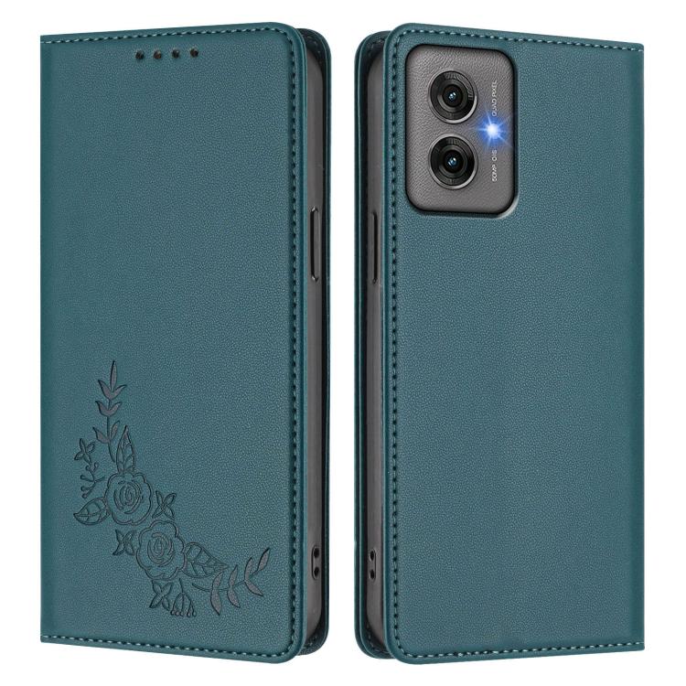 For Motorola Moto G55 5G Peony Embossed Magnetic RFID Vegan Leather Phone Case