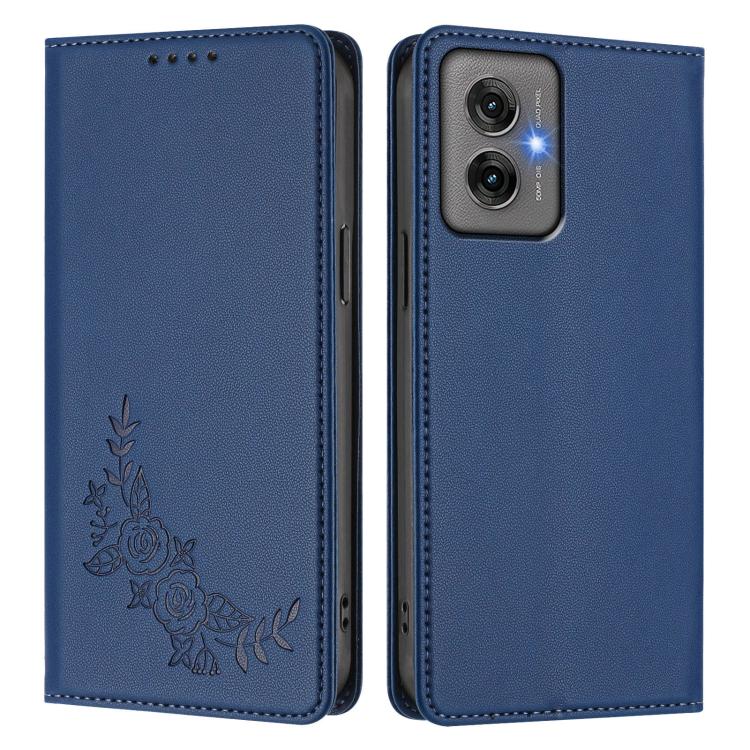 For Motorola Moto G55 5G Peony Embossed Magnetic RFID Vegan Leather Phone Case