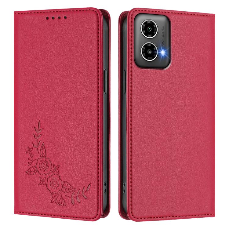 For Motorola Moto G34 5G / G45 5G Peony Embossed Magnetic RFID Vegan Leather Phone Case