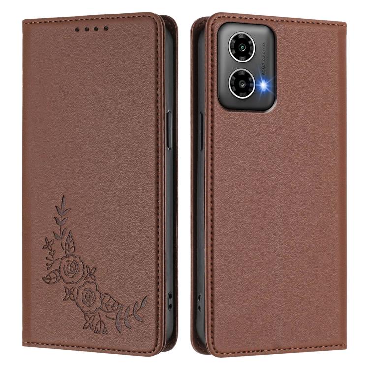 For Motorola Moto G34 5G / G45 5G Peony Embossed Magnetic RFID Vegan Leather Phone Case