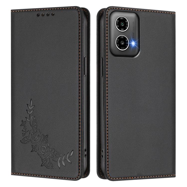 For Motorola Moto G34 5G / G45 5G Peony Embossed Magnetic RFID Vegan Leather Phone Case