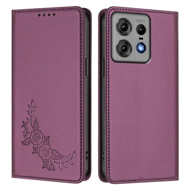 For Motorola Edge 50 Pro 5G Curved Peony Embossed Magnetic RFID Vegan Leather Phone Case