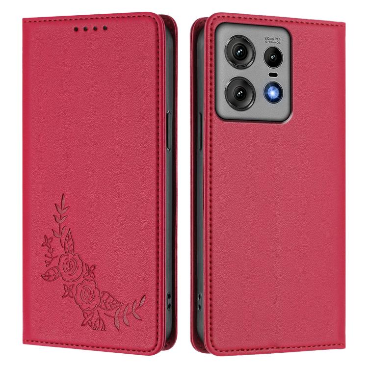 For Motorola Edge 50 Pro 5G Curved Peony Embossed Magnetic RFID Vegan Leather Phone Case