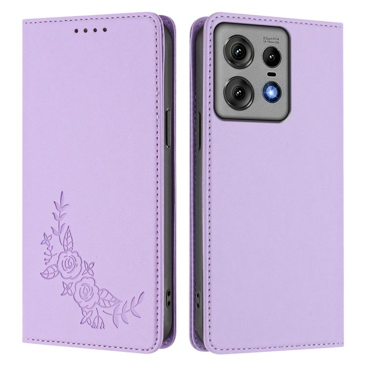 For Motorola Edge 50 Pro 5G Curved Peony Embossed Magnetic RFID Vegan Leather Phone Case