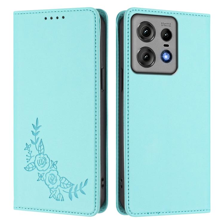 For Motorola Edge 50 Pro 5G Curved Peony Embossed Magnetic RFID Vegan Leather Phone Case