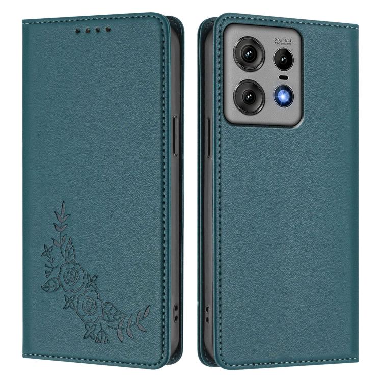 For Motorola Edge 50 Pro 5G Curved Peony Embossed Magnetic RFID Vegan Leather Phone Case