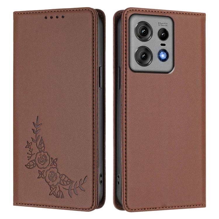 For Motorola Edge 50 Pro 5G Curved Peony Embossed Magnetic RFID Vegan Leather Phone Case