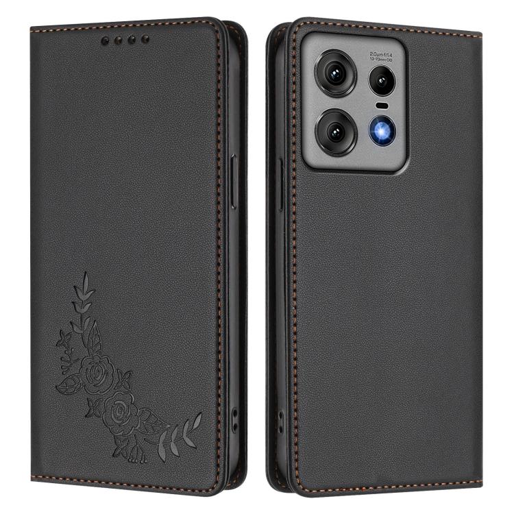 For Motorola Edge 50 Pro 5G Curved Peony Embossed Magnetic RFID Vegan Leather Phone Case