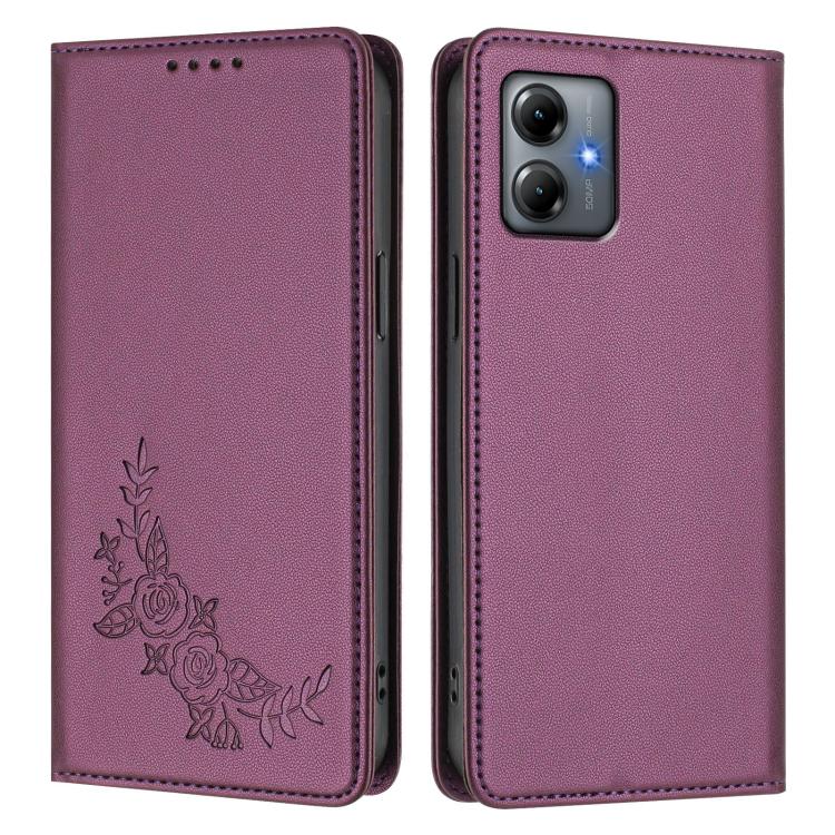 For Motorola Moto G14 4G / G64y / G54 Peony Embossed Magnetic RFID Vegan Leather Phone Case