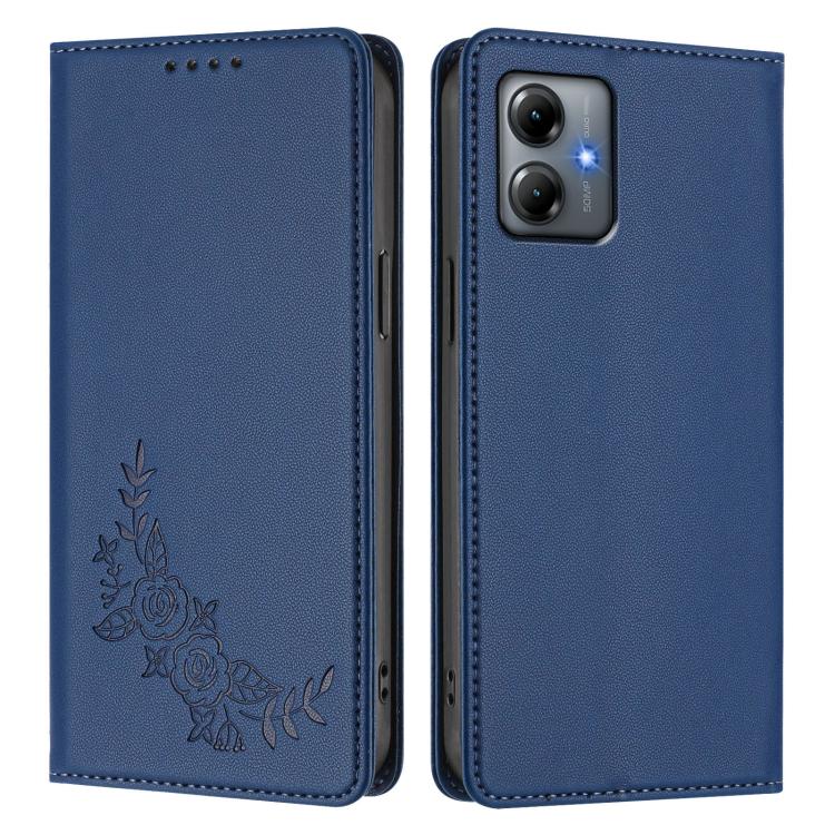 For Motorola Moto G14 4G / G64y / G54 Peony Embossed Magnetic RFID Vegan Leather Phone Case