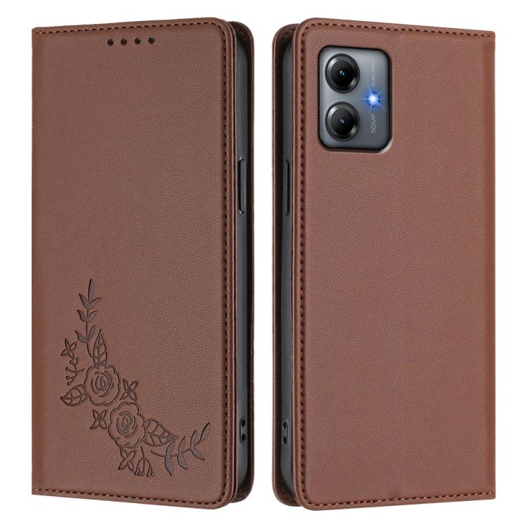 For Motorola Moto G14 4G / G64y / G54 Peony Embossed Magnetic RFID Vegan Leather Phone Case