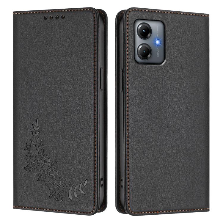 For Motorola Moto G14 4G / G64y / G54 Peony Embossed Magnetic RFID Vegan Leather Phone Case