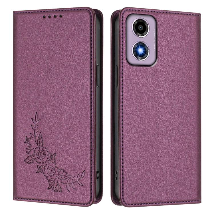 For Motorola Moto E14 4G / G04s 4G Peony Embossed Magnetic RFID Vegan Leather Phone Case