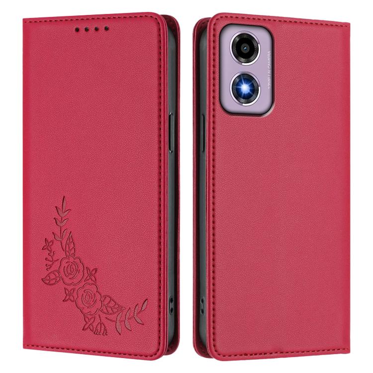 For Motorola Moto E14 4G / G04s 4G Peony Embossed Magnetic RFID Vegan Leather Phone Case
