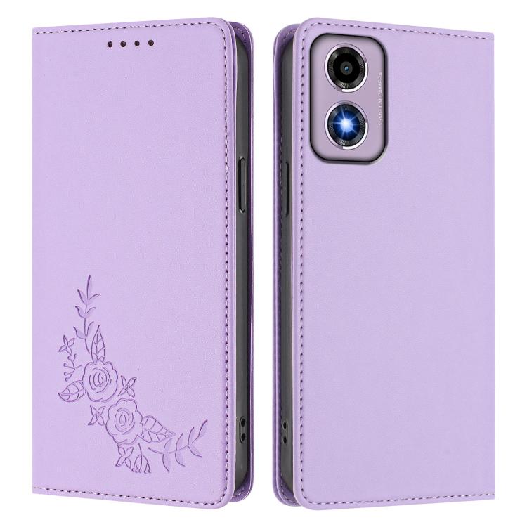 For Motorola Moto E14 4G / G04s 4G Peony Embossed Magnetic RFID Vegan Leather Phone Case